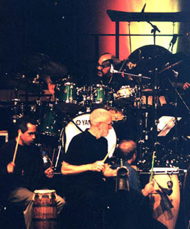 John Wyre (Centre) with drum set artist Peter Erskine and Vancouver percussionist Sal Ferreras (Left Centre)