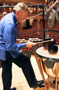 Bill resonating the temple bells on a kettledrum