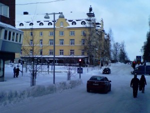 Piteå - (clockwise from top left) main shopping street; Old Town Square; Town Hall, Lutheran Church