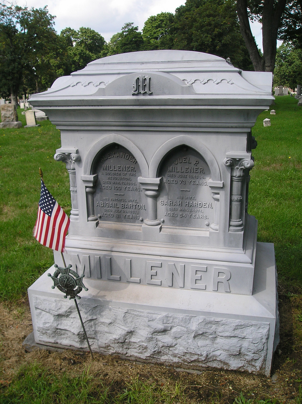 Monument to Alexander Millener, placed in Mt. Hope Cemetery in 1906
