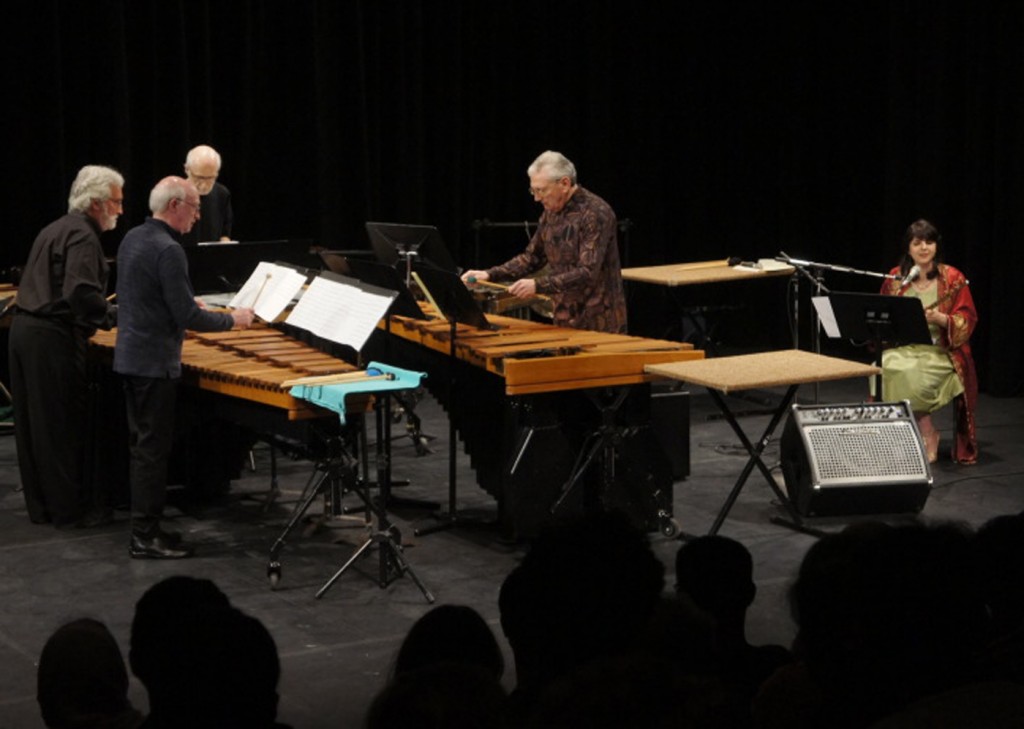 NEXUS and Sepideh Raissadat performing Russell Hartenberger's "Persian Songs" (photo by Aydin Bahramlou)