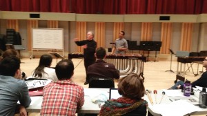 Leigh Howard Stevens addresses Eastman percussion students, after grad student Darren Lin's performance of the marimba solo, "See Ya' Thursday," by Steven Mackie