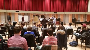 Eastman students (l to r) Connor Stevens, Sam Um (hidden), Brant Blackard, Chris Jones, and Chris Demetriou perform "Three Rituals on Metal" by A.Keegan-Bole at the Amadinda masterclass at the Eastman School on Mon. Dec. 1, 2014