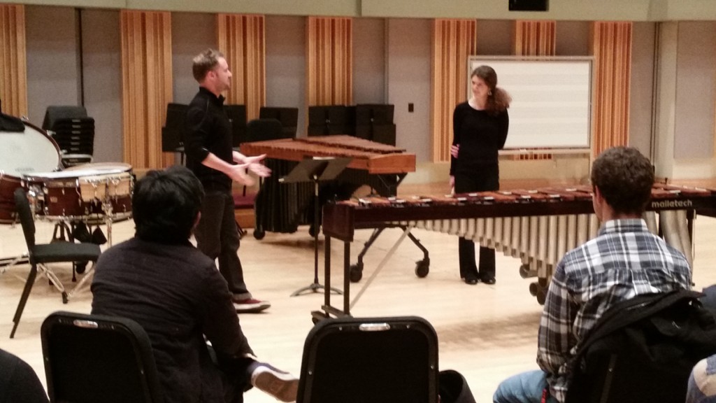 Colin Currie makes a point to Erin Graham after her performance
