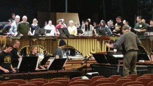 Bob Becker and Yurika Kimura, soloists, in rehearsal with Gordon Stout conducting