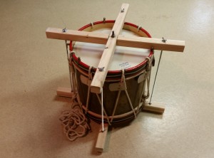 Another view of the drum inside the counter hoop clamp. (Notice that the leather ears are slackened.)