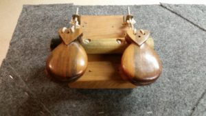 This castanet machine was made when I was in college at the Eastman School of Music. The castanets were found in an import shop, and the rail is a 1-1/4-inch diameter pine dowel.