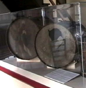 left: the Joseph Brown bass drum/right: the Haskell Spencer bass drum (ca. 1824) with a broken drumhead