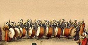A depiction of a row of Turkish Bass Drummers