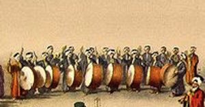 A depiction of a row of Turkish Bass Drummers