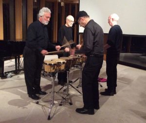 Nexus members Garry Kvistad, Russell Hartenberger, and Bob Becker performing Drumming, Part I with Steve Reich at Integral House in Toronto, April 11, 2016. Photo courtesy of Soundstreams Canada. 