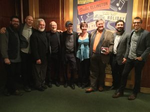 Carnegie Hall birthday celebration, Nov. 1, 2016 with (l. to r.) Josh Quillen, Jason Treuting, Garry Kvistad, Russell Hartenberger, Steve Reich, Micaela Haslam, Zoltán Rácz, Adam Sliwinski, and Eric Cha-Beach. Photo: Bonnie Sheckter. 