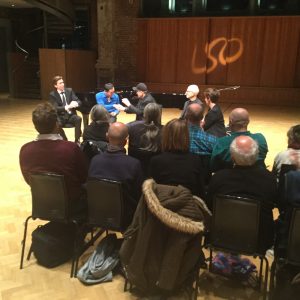 Discussion at St. Luke’s church with (l. to r.) Vincent Corver, Chi-Yu Mo, Steve Reich, Russell Hartenberger, Sarah Mohr-Pietsch, at LSO Discovery Day, November 6, 2016. Photo: Bonnie Sheckter.